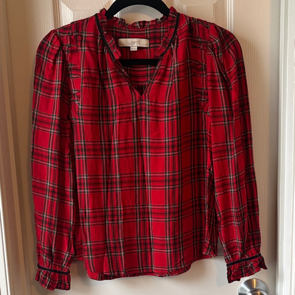 LOFT Red and Black Plaid Blouse